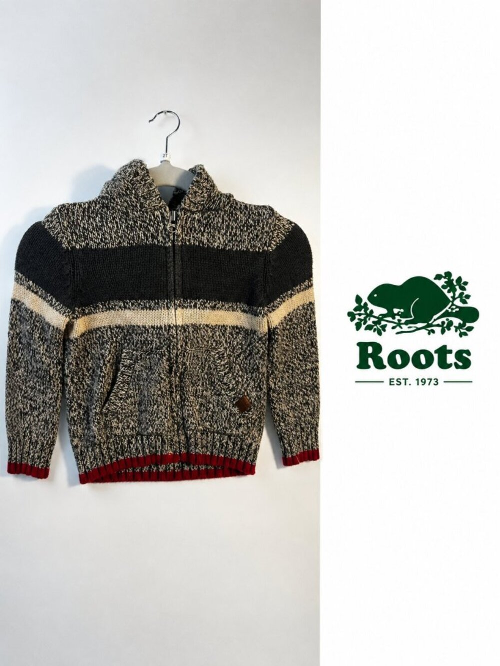 Roots Cabin Kids Chunky Knit Quarter-Zip Sweater Salt & Pepper -  Size 2T